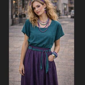 Vintage 80s Norton McNaughton Skirt Set 14 Purple‎ Teal Belted Retro Chic